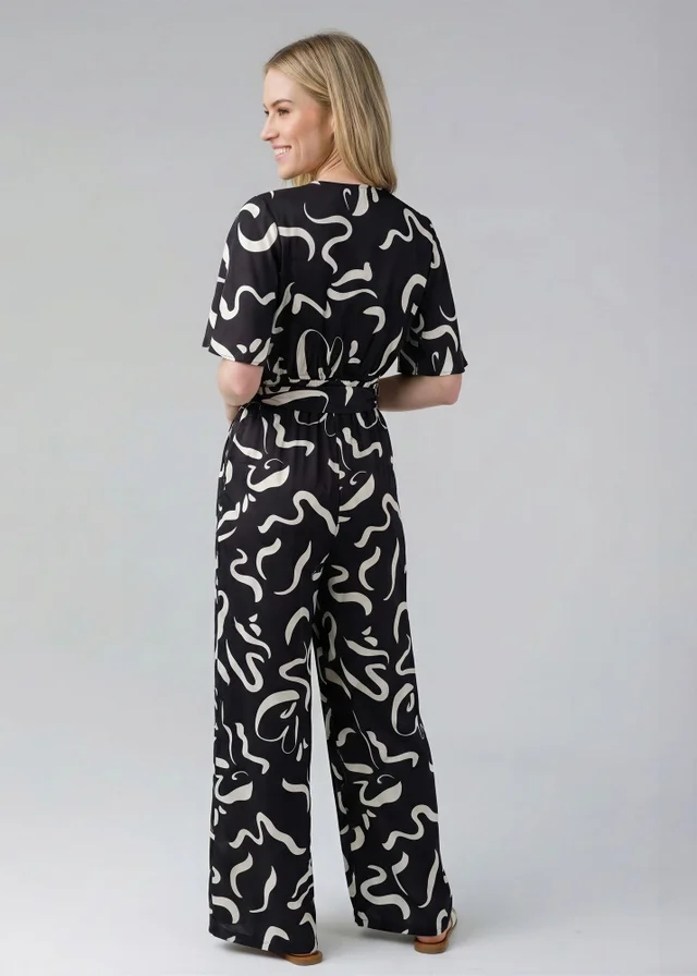 Wednesday’s Girl Black Smudge Print V-Neck Button Tie Fastening Wide-Leg Jumpsuit
