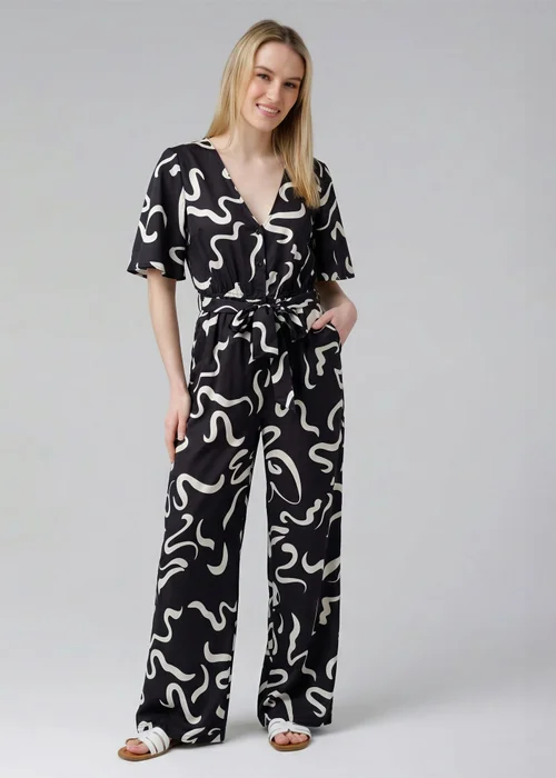 Wednesday’s Girl Black Smudge Print V-Neck Button Tie Fastening Wide-Leg Jumpsuit - 8 Image 1