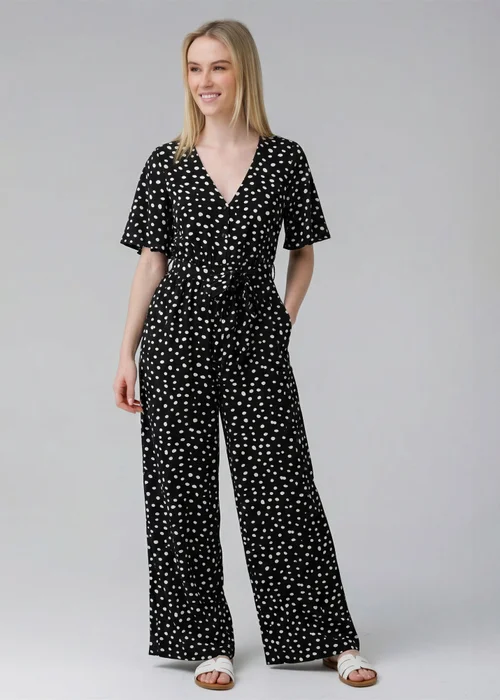 Wednesday’s Girl Black Polka Dot V-Neck Button Tie Fastening Wide-Leg Jumpsuit - 10 Image 1