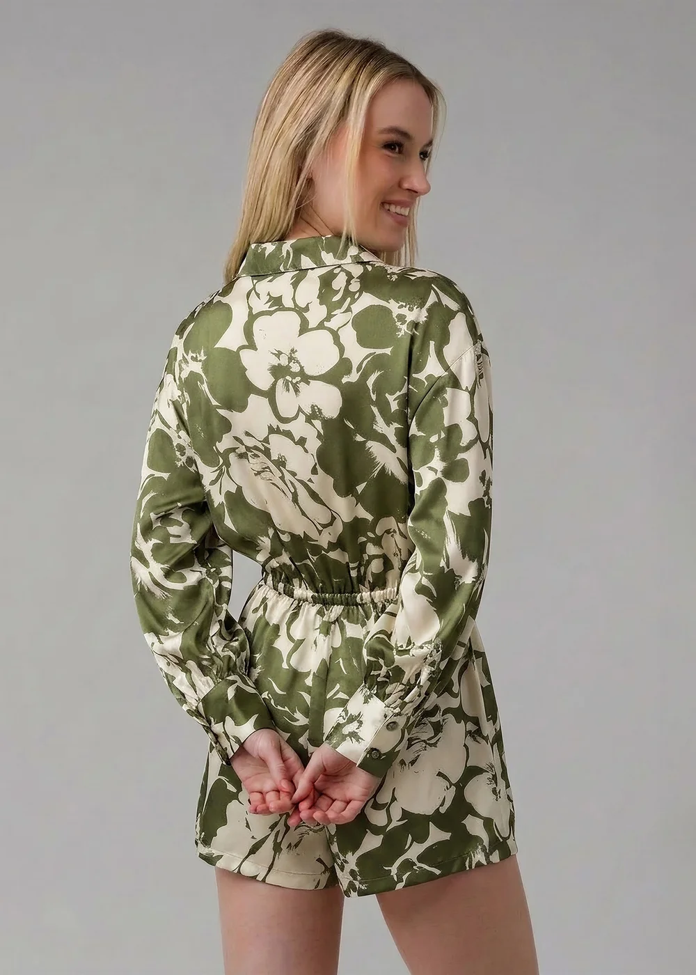 Wednesday’s Girl Green Floral Print Satin-Style Plunge Neck Tie Long Sleeve Playsuit - 10 Image 2