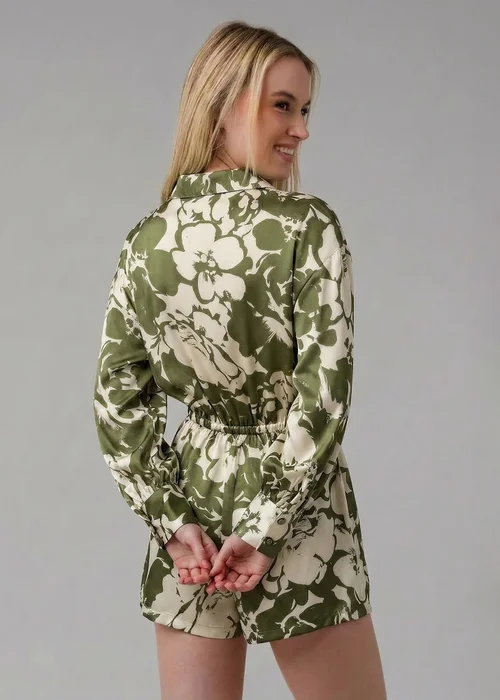 Wednesday’s Girl Green Floral Print Satin-Style Plunge Neck Tie Long Sleeve Playsuit - 10 Image 2