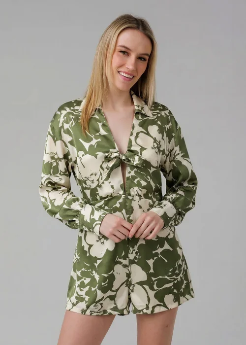 Wednesday’s Girl Green Floral Print Satin-Style Plunge Neck Tie Long Sleeve Playsuit - 10 Image 1