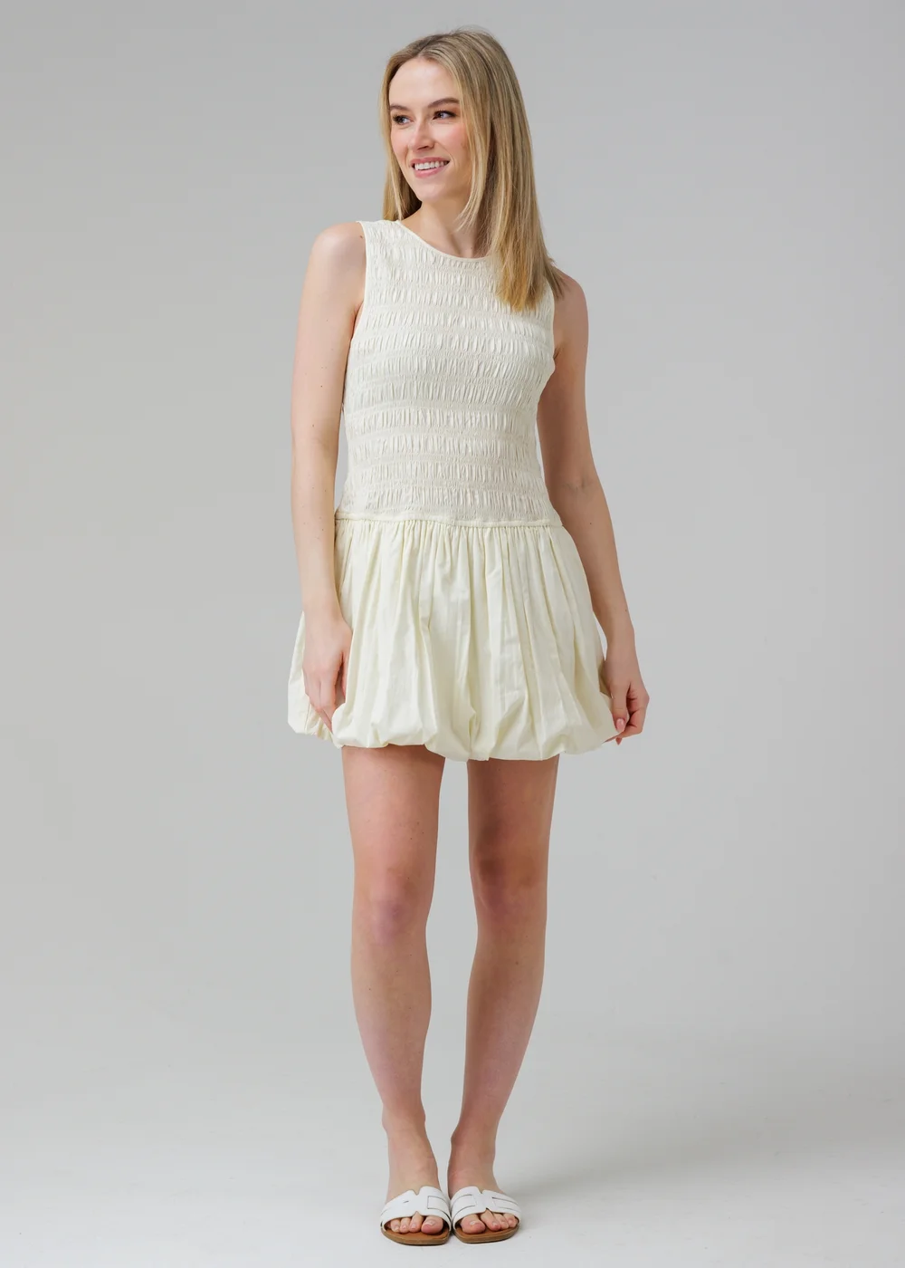 Wednesday’s Girl White Cotton Shirred Puff Skirt High Crew Neck Sleeveless Mini Dress - 6 Image 1