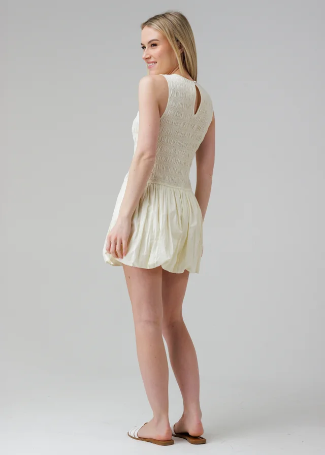 Wednesday’s Girl White Cotton Shirred Puff Skirt High Crew Neck Sleeveless Mini Dress