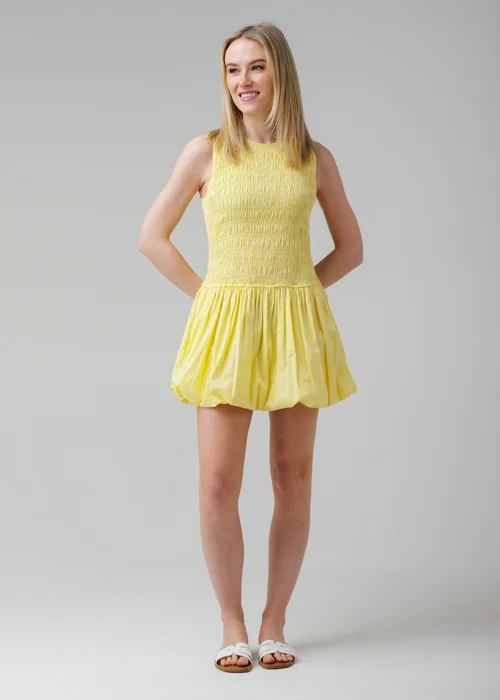 Wednesday’s Girl Yellow Cotton Shirred Puff Skirt High Crew Neck Sleeveless Mini Dress - 8 Image 1