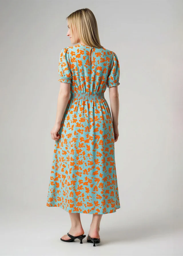 Wednesday’s Girl Blue Floral Print Round Neck Short Puff Sleeve Midi Dress