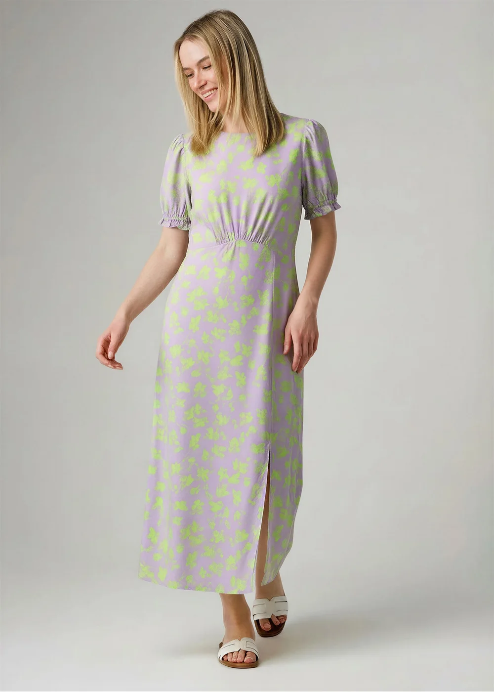 Wednesday’s Girl Purple Floral Print Round Neck Short Puff Sleeve Midi Dress - 18 Image 1