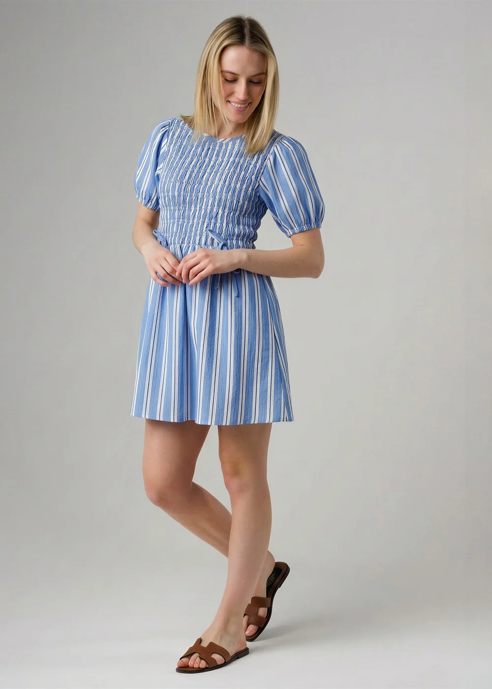 Wednesday’s Girl Blue Cotton Striped Shirred Puff Sleeve Mini Dress - 22 Image 1
