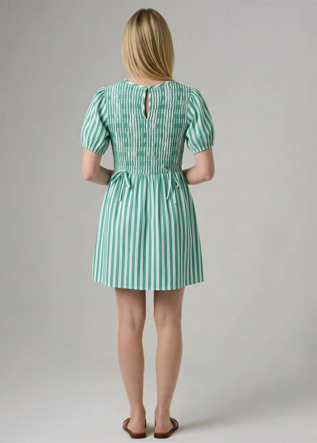 Wednesday’s Girl Green Cotton Striped Shirred Puff Sleeve Mini Dress