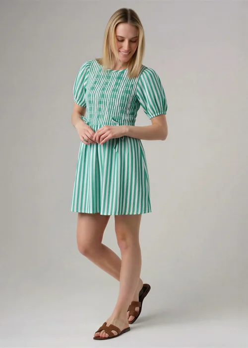 Wednesday’s Girl Green Cotton Striped Shirred Puff Sleeve Mini Dress - 20 Image 1
