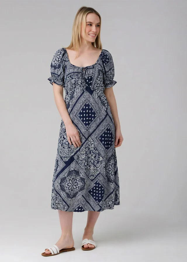 Wednesday’s Girl Blue Bohemian-Print Short Puff Sleeve Milkmaid Midi Dress