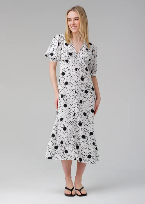 Influence White Polka Dot V-Neck Short Puff Sleeve Midi Dress - 12 Image 1