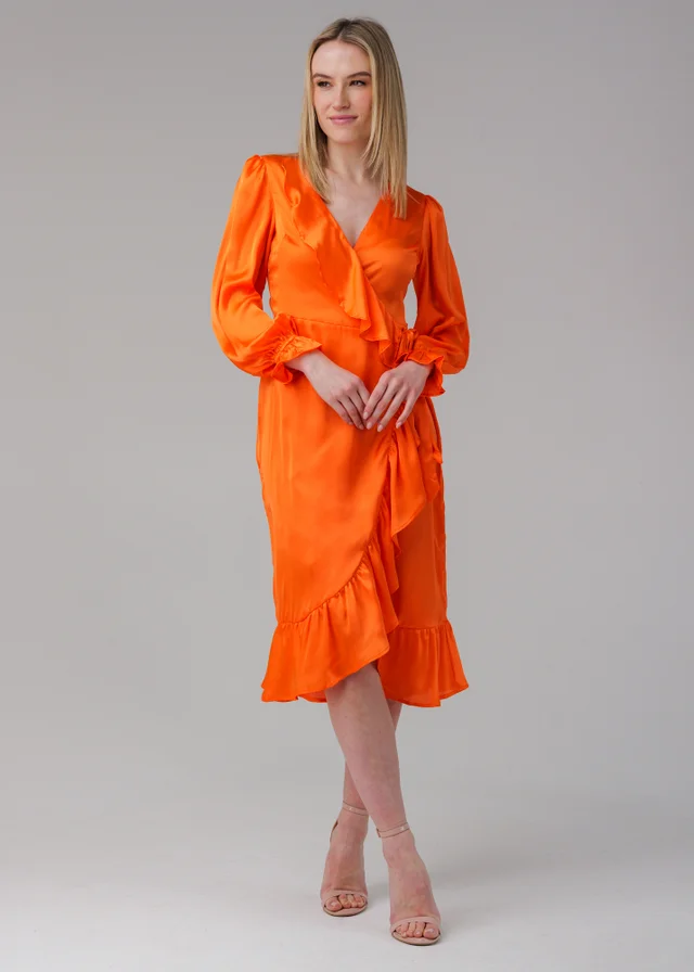 Influence Orange Wrap Frill Long Sleeve V-Neck Midi Dress