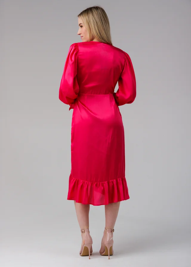 Influence Pink Wrap Frill Long Sleeve V-Neck Midi Dress