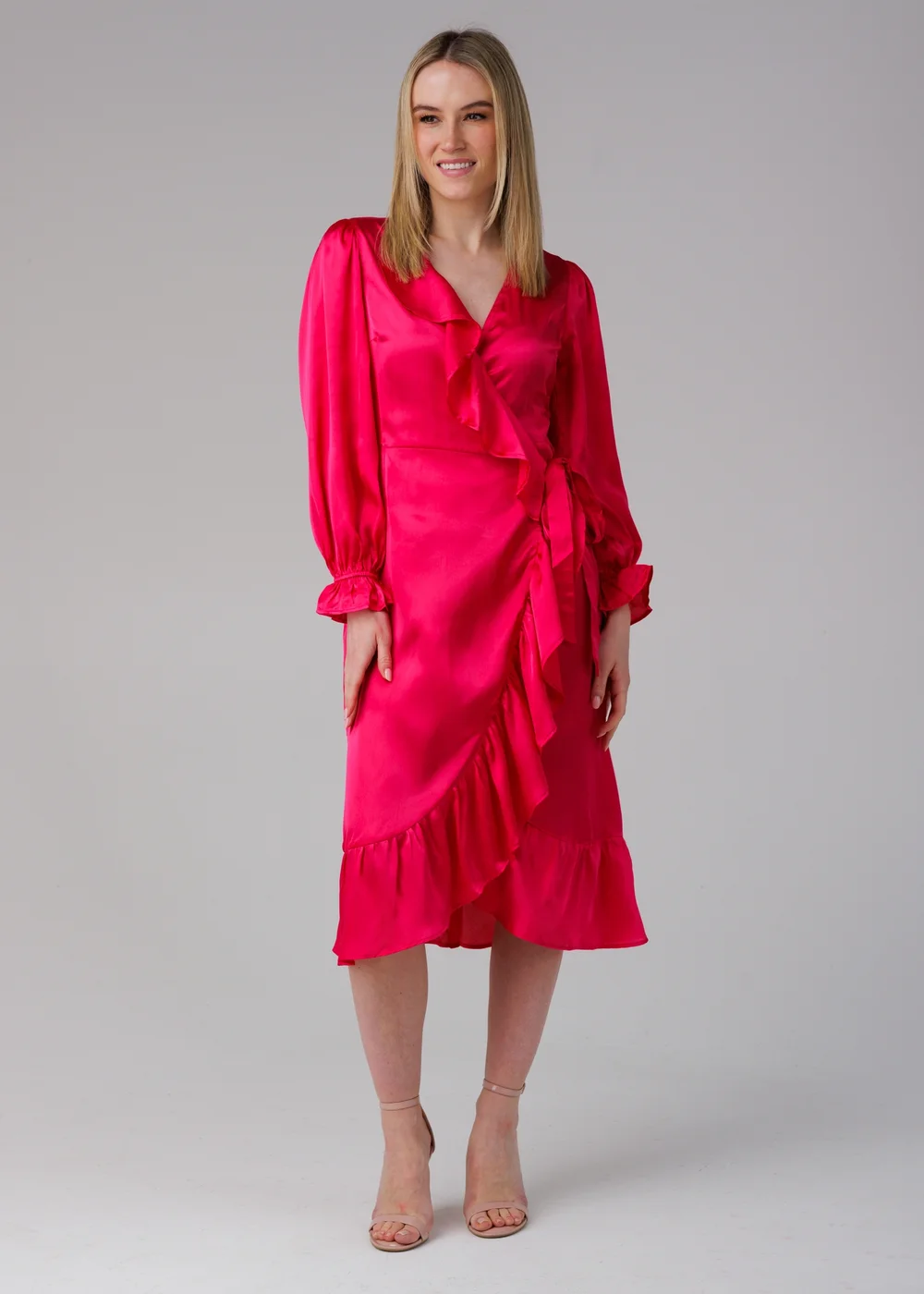 Influence Pink Wrap Frill Long Sleeve V-Neck Midi Dress - 14 Image 1