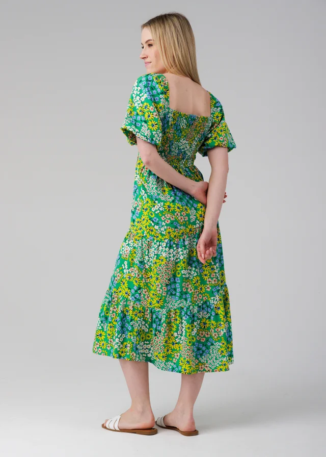 Influence Green Floral Puff Short Sleeve Square Neck Elasticated Midi Dress