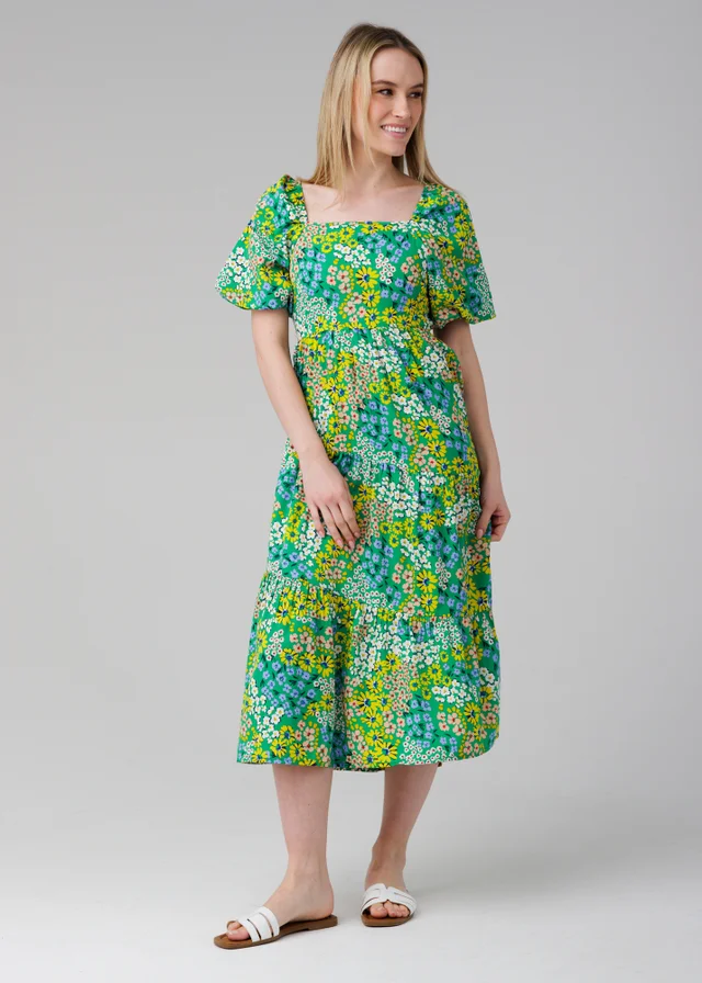 Influence Green Floral Puff Short Sleeve Square Neck Elasticated Midi Dress