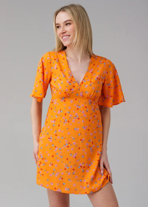 Influence Orange Ditsy Floral Print V-Neck Short Flutter Sleeve Mini Dress - 14 Image 1
