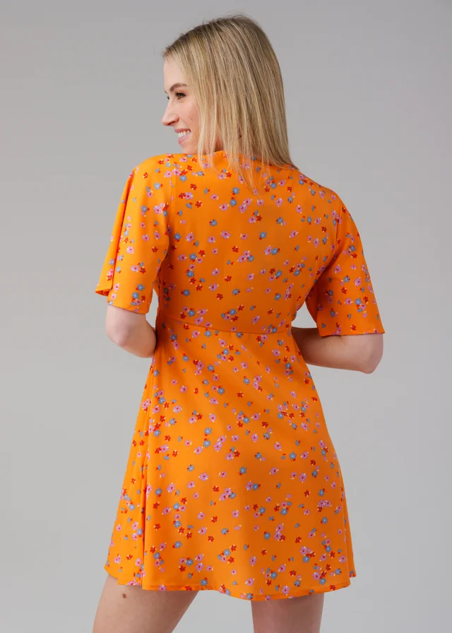 Influence Orange Ditsy Floral Print V-Neck Short Flutter Sleeve Mini Dress
