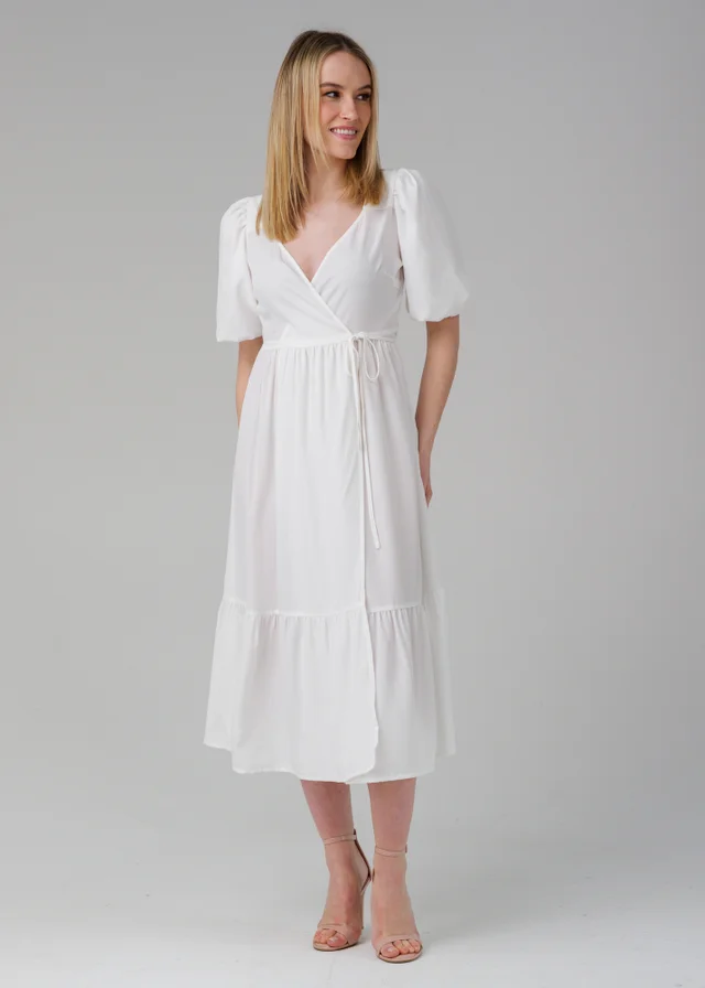 Influence White Puff Sleeve Wrap Tie V-Neck Midi Dress