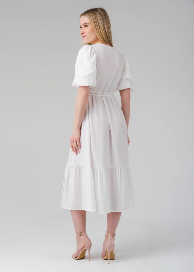 Influence White Puff Sleeve Wrap Tie V-Neck Midi Dress