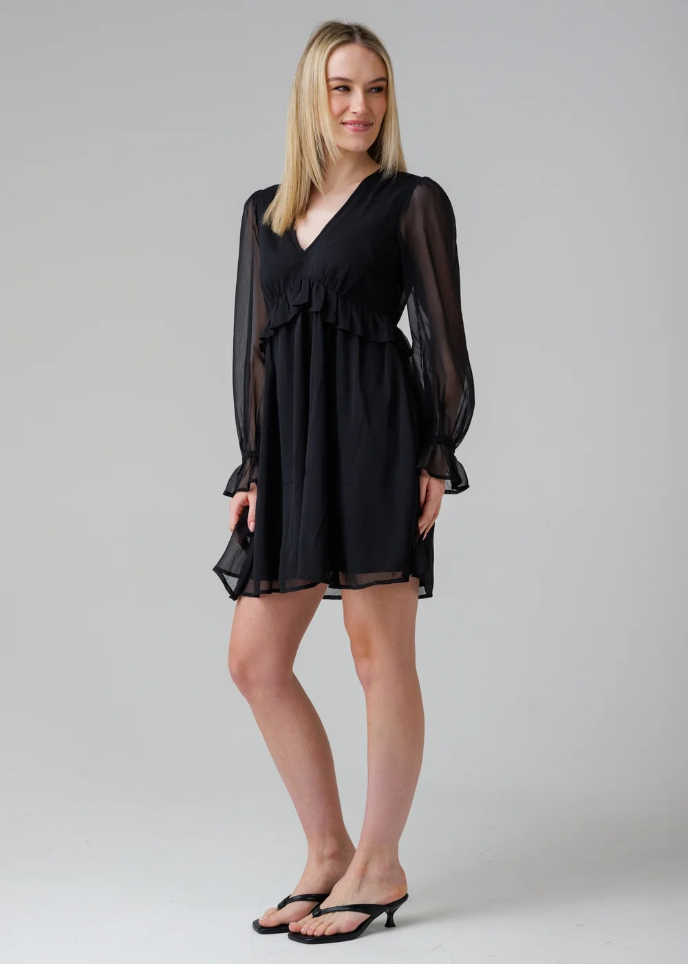 Influence Black Semi-Sheer Flowy Long Sleeve Smock Mini Dress - 12 Image 1