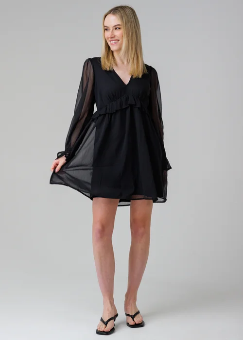 Influence Black Semi-Sheer Flowy Long Sleeve Smock Mini Dress - 12 Image 4