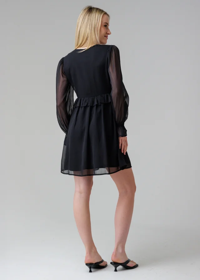 Influence Black Semi-Sheer Flowy Long Sleeve Smock Mini Dress