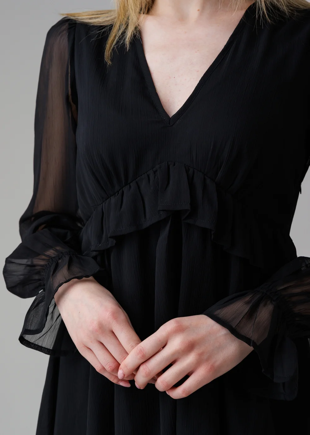 Influence Black Semi-Sheer Flowy Long Sleeve Smock Mini Dress - 12 Image 3