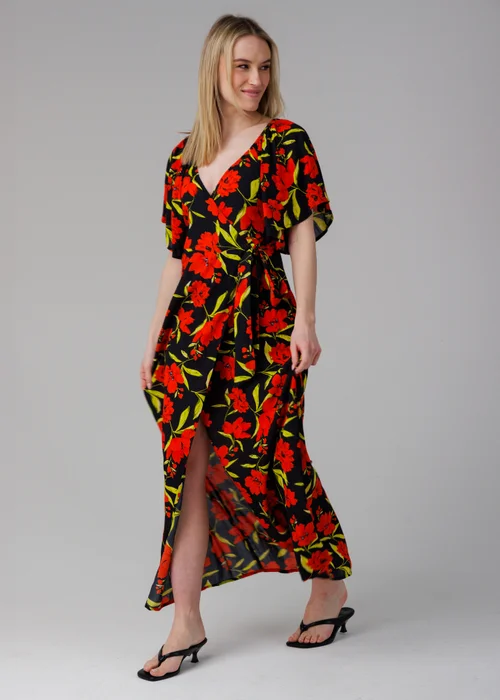 Influence Red Floral V-Neck Short Sleeve Front Slit Maxi Dress - 8 Image 4