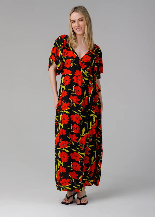 Influence Red Floral V-Neck Short Sleeve Front Slit Maxi Dress