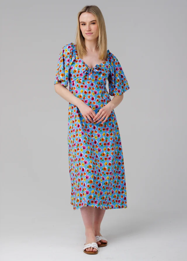 Influence Blue Floral Print Sweetheart Neck Short Sleeve Midi Dress