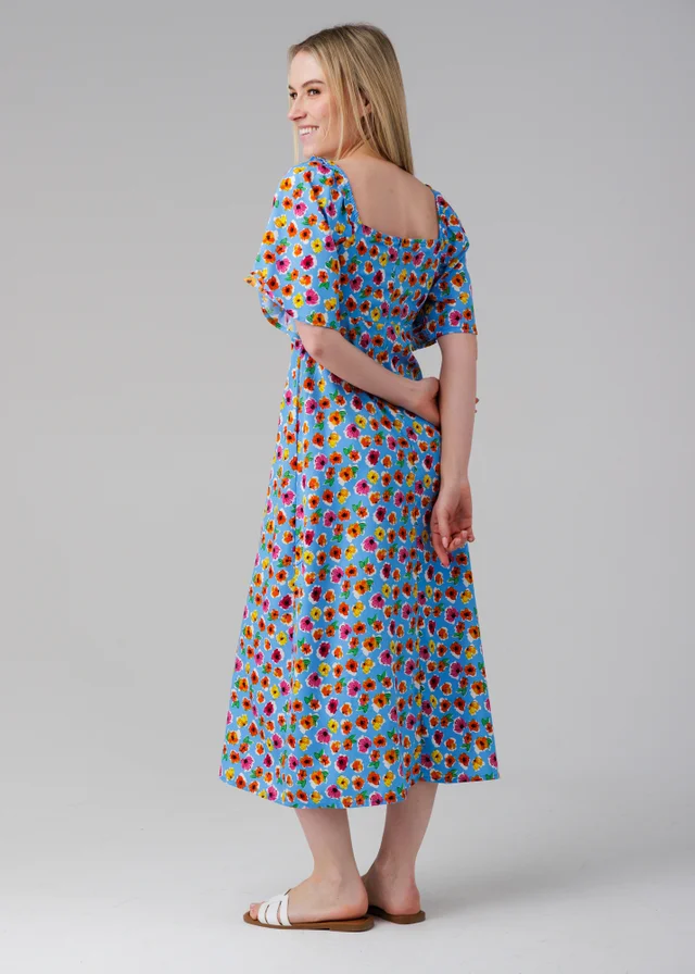 Influence Blue Floral Print Sweetheart Neck Short Sleeve Midi Dress