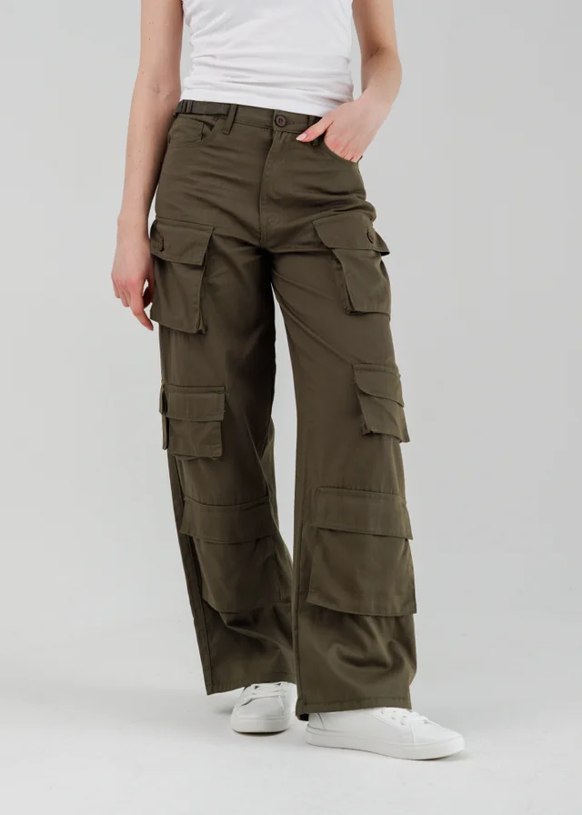 Influence Khaki Cargo-Style Wide Leg Trousers