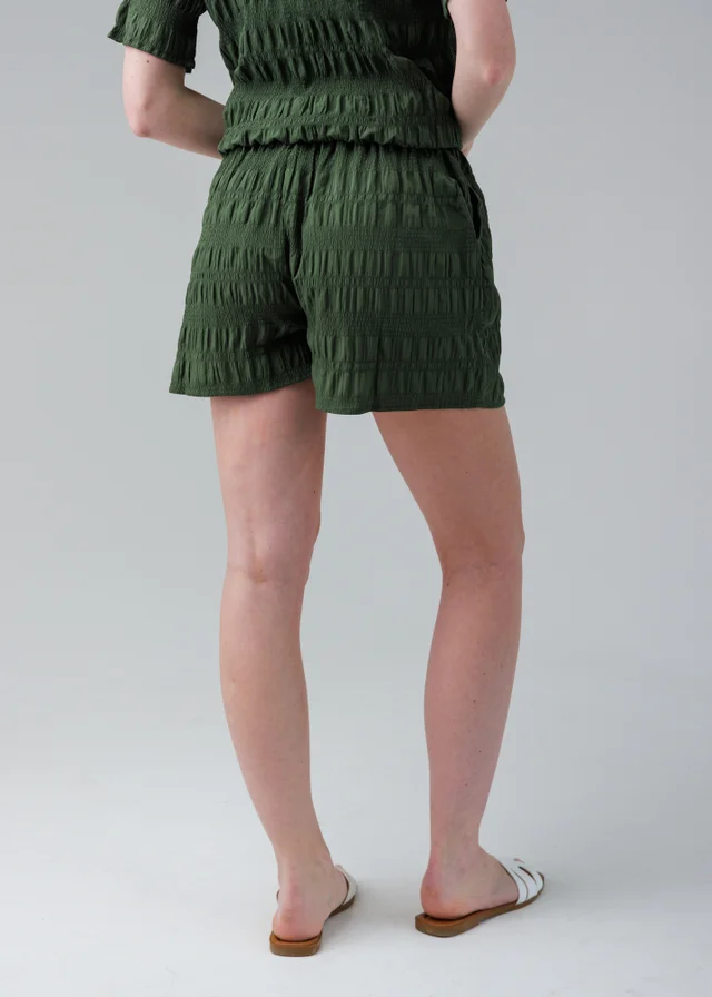 Influence Khaki Textured Smocked High Waist Elasticated Shorts