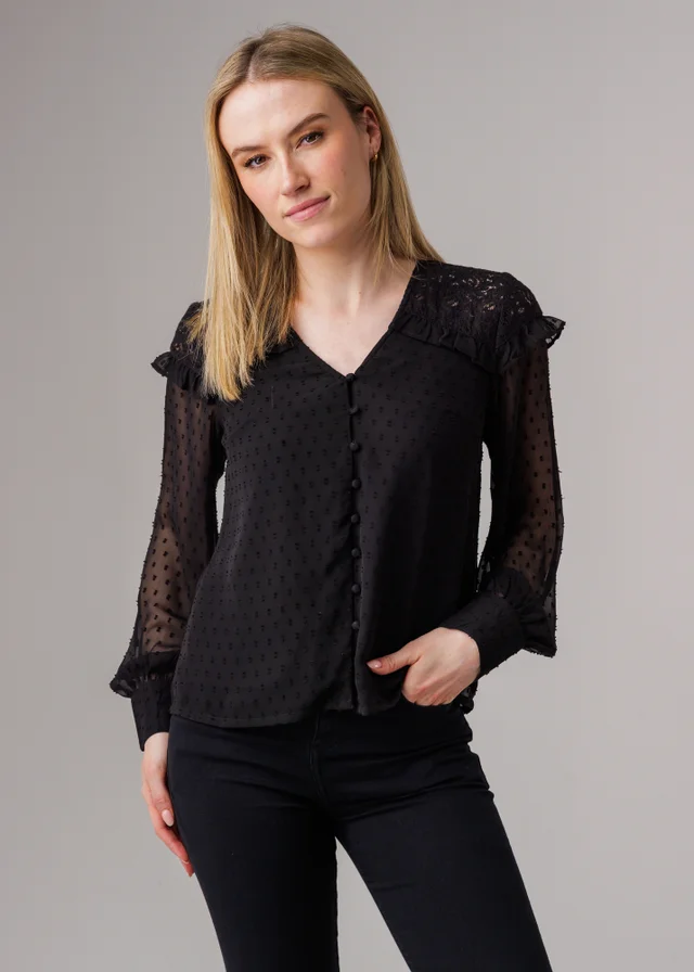 Influence Black Lace Semi-Sheer Long Sleeve Ruffled V-Neck Blouse