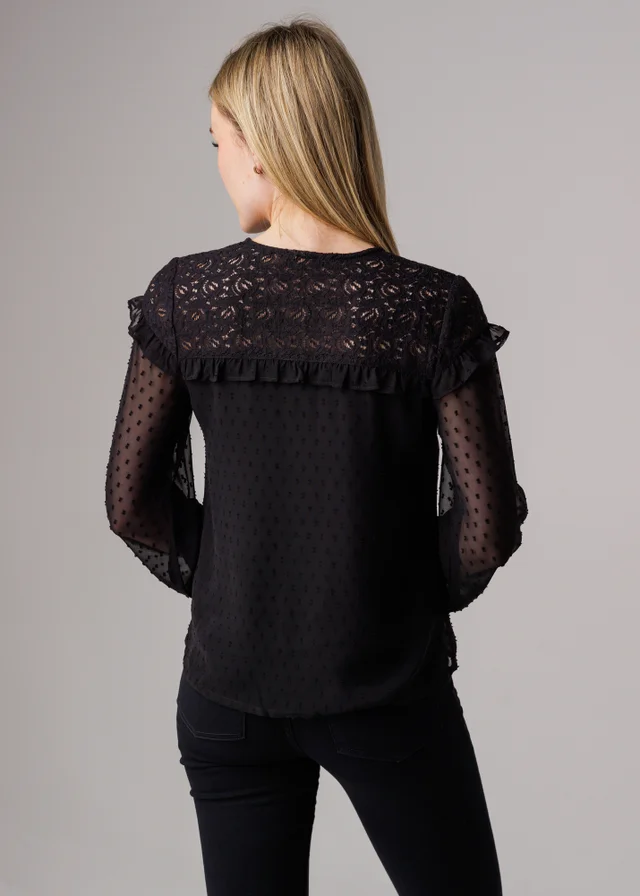 Influence Black Lace Semi-Sheer Long Sleeve Ruffled V-Neck Blouse