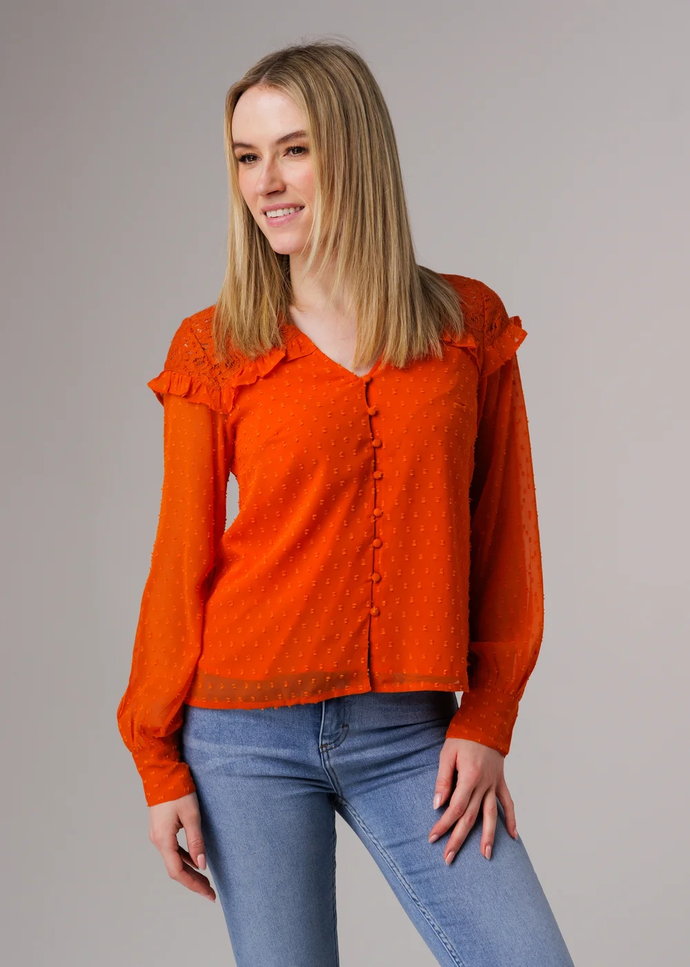 Influence Orange Lace Semi-Sheer Long Sleeve Ruffled V-Neck Blouse - 10 Image 1