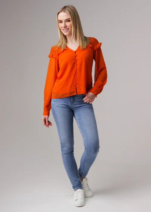 Influence Orange Lace Semi-Sheer Long Sleeve Ruffled V-Neck Blouse - 10 Image 4