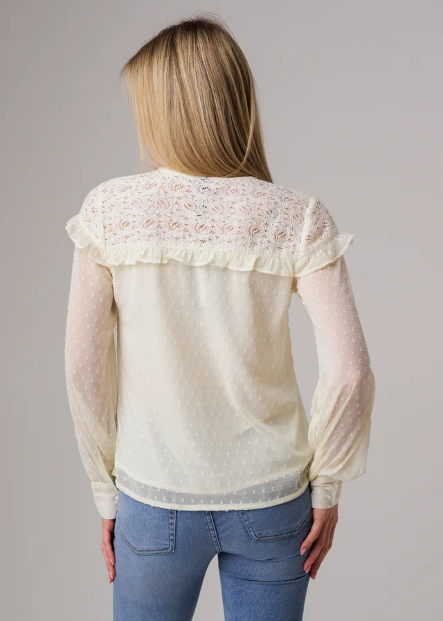 Influence Ivory Lace Semi-Sheer Long Sleeve Ruffled V-Neck Blouse