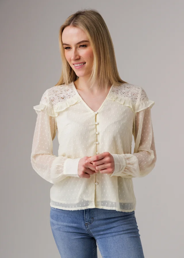 Influence Ivory Lace Semi-Sheer Long Sleeve Ruffled V-Neck Blouse