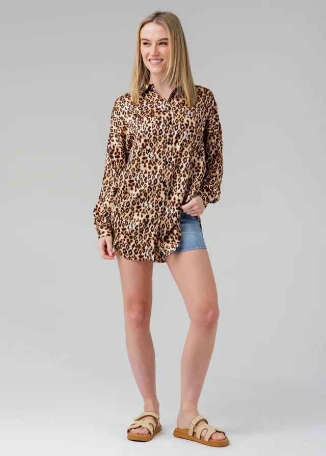 Influence Brown Oversized Cheetah Print Long Sleeve Shirt