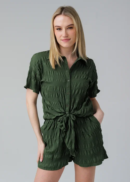 Influence Khaki Textured Smocked Tie Front Short Sleeve Shirt - 14 Image 1