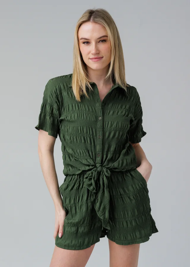 Influence Khaki Textured Smocked Tie Front Short Sleeve Shirt