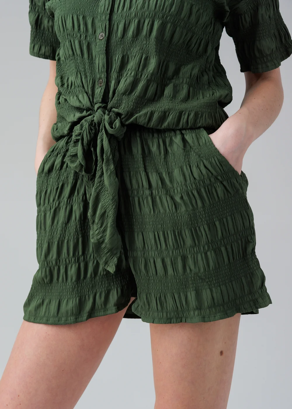 Influence Khaki Textured Smocked Tie Front Short Sleeve Shirt - 14 Image 3