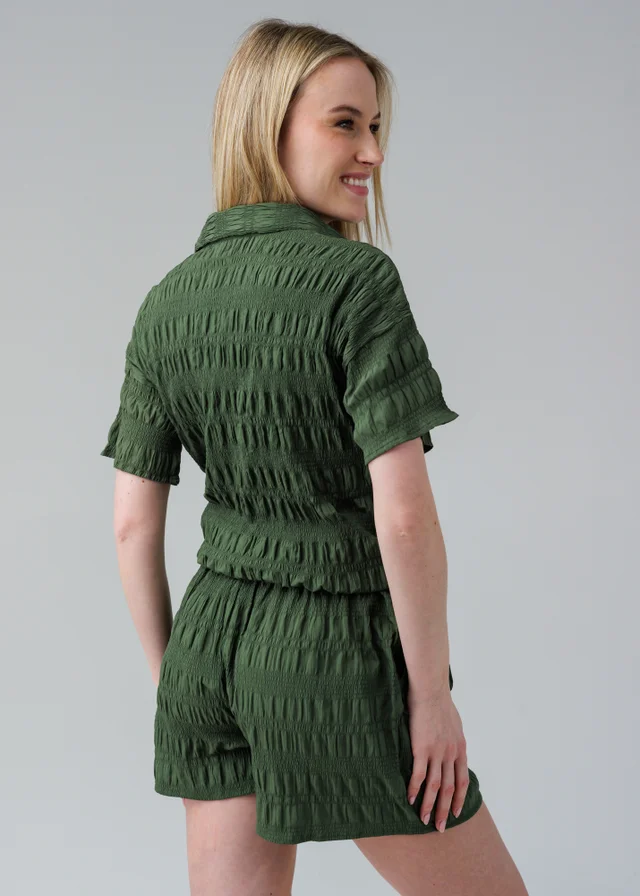 Influence Khaki Textured Smocked Tie Front Short Sleeve Shirt
