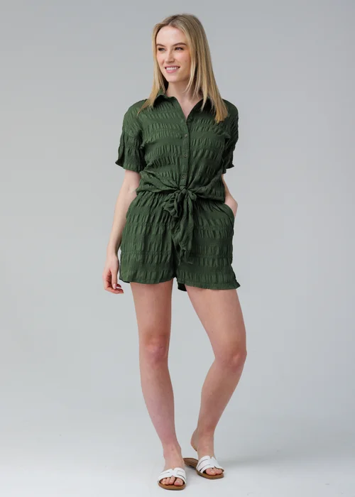 Influence Khaki Textured Smocked Tie Front Short Sleeve Shirt - 14 Image 4