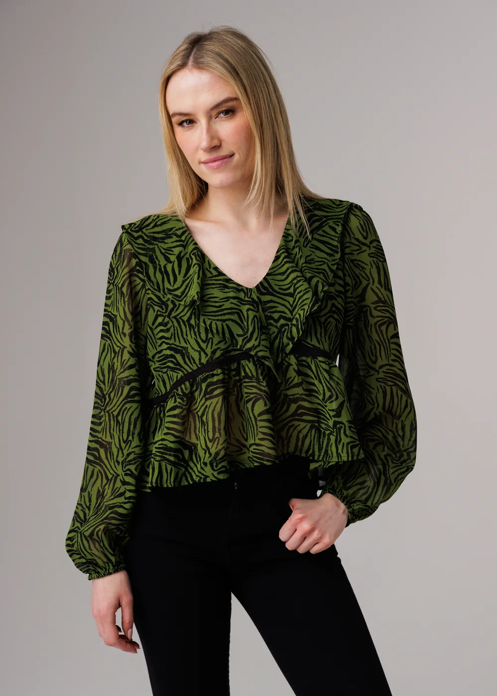 Influence Green Animal Print Ruffle V-Neck Long Balloon Sleeve Blouse - 12 Image 1