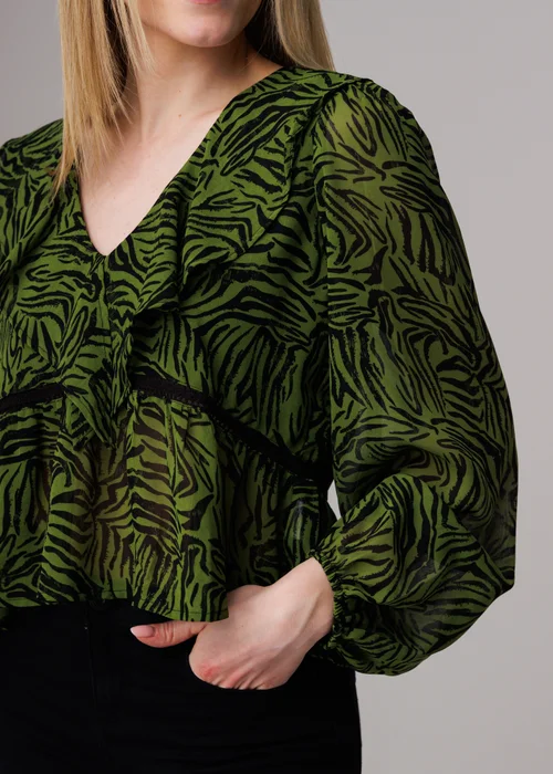 Influence Green Animal Print Ruffle V-Neck Long Balloon Sleeve Blouse - 12 Image 3