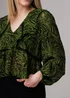 Influence Green Animal Print Ruffle V-Neck Long Balloon Sleeve Blouse - 12 Image 3